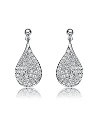 Rachel Glauber White Gold Plating with French Pave Clear Cubic Zirconia Raindrop Pear Dangle Earrings