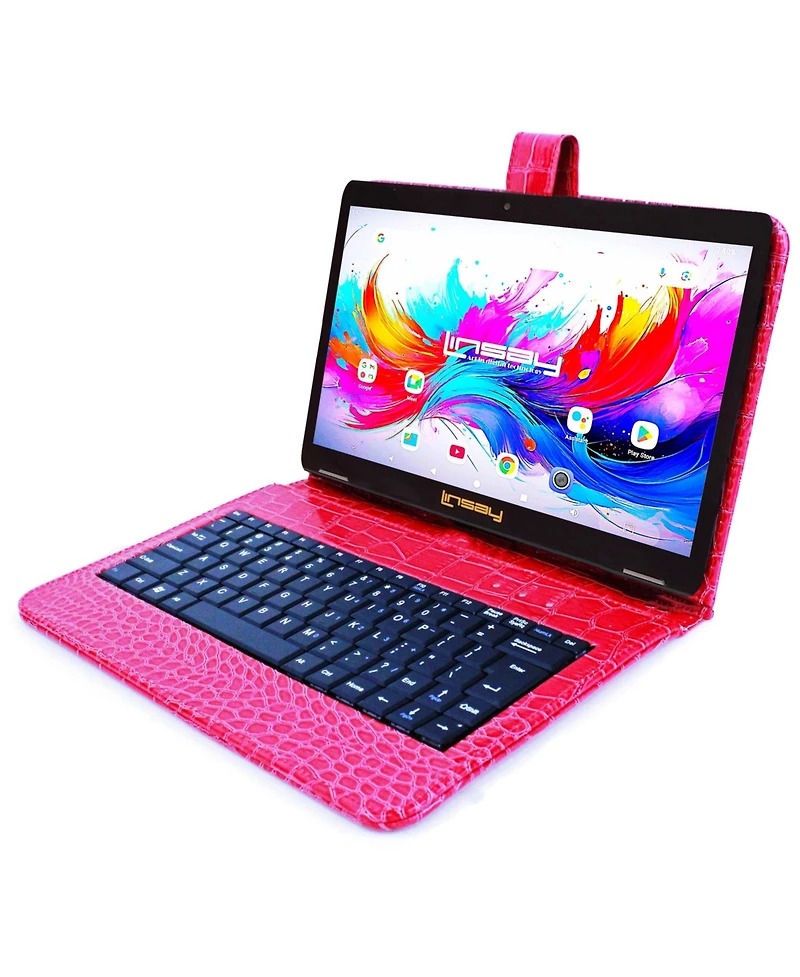 Linsay 10.1" Octa Core 256GB Storage Android 15 Tablet with Red Crocodile Keyboard