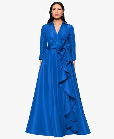 Betsy & Adam Women's Taffeta Ruffled Long Wrap Dress