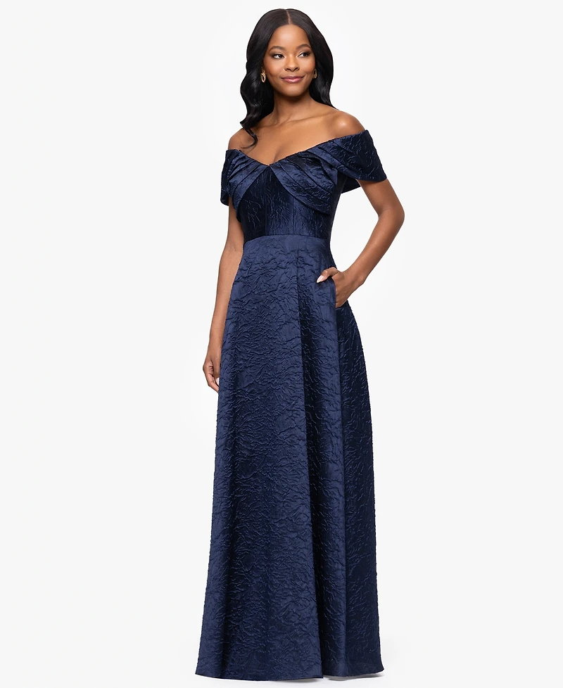 Betsy & Adam Women's Brocade Off-The-Shoulder Long A-Line Dress