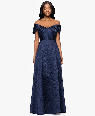 Betsy & Adam Women's Brocade Off-The-Shoulder Long A-Line Dress