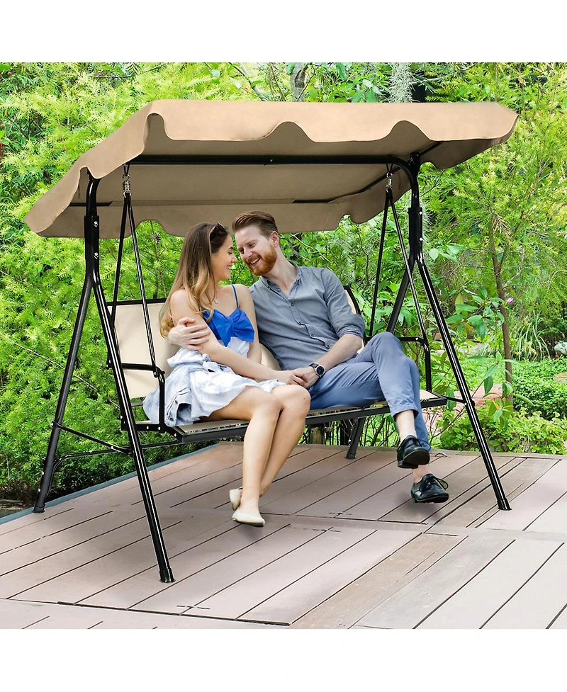 Gymax Brown Outdoor Swing Canopy Patio Swing Chair 3 Person Canopy Hammock