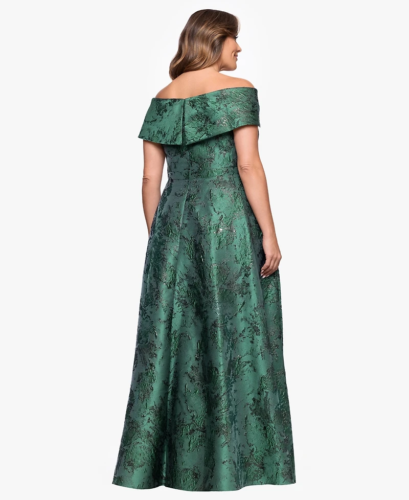 Xscape Plus Off-The-Shoulder Metallic Jacquard Ball Gown