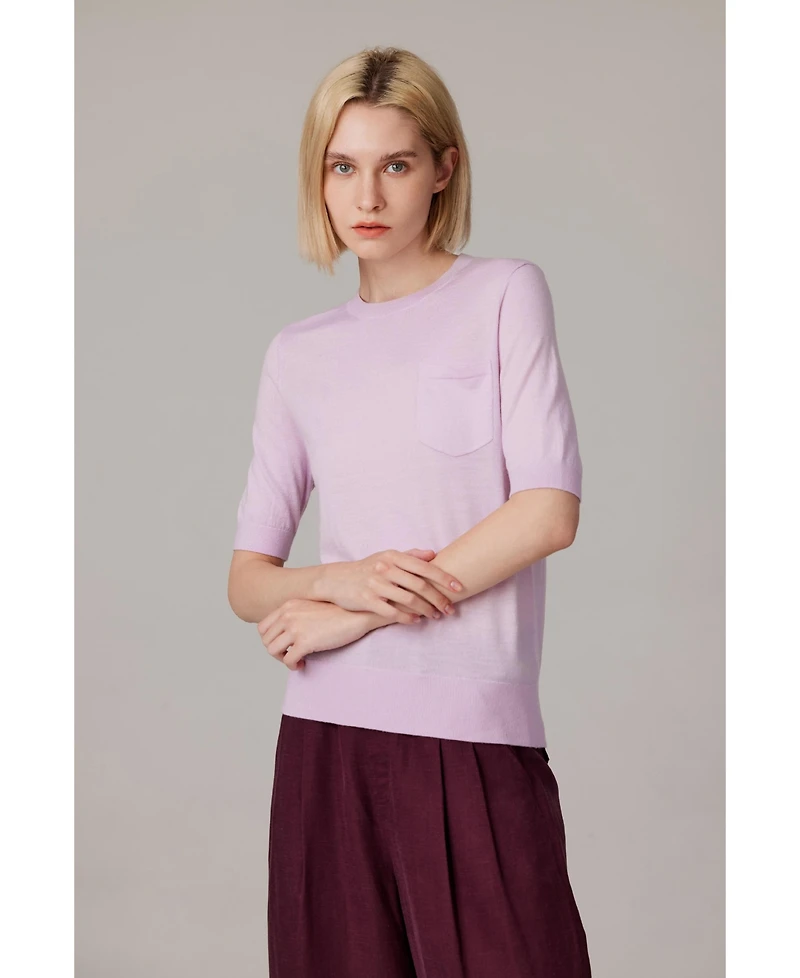 Jennie Liu Women's Tissue Weight 75% Merino Wool 25% Silk Crew Neck Short Sleeve T Shirt Sweater | Ultra Soft Machine-Washable Sweaters