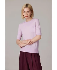 Jennie Liu Women's Tissue Weight 75% Merino Wool 25% Silk Crew Neck Short Sleeve T Shirt Sweater | Ultra Soft Machine-Washable Sweaters