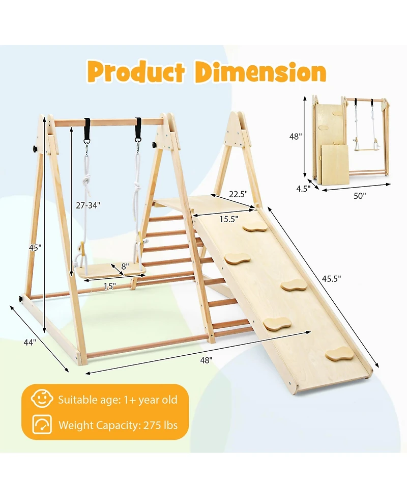 Gymax Kids 5-in-1 Indoor Playground w/ Slide Climbing Rock Adjustable Swing Wooden