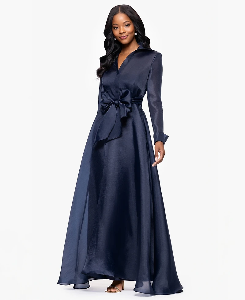 Betsy & Adam Petite Long-Sleeve Collared Organza Dress