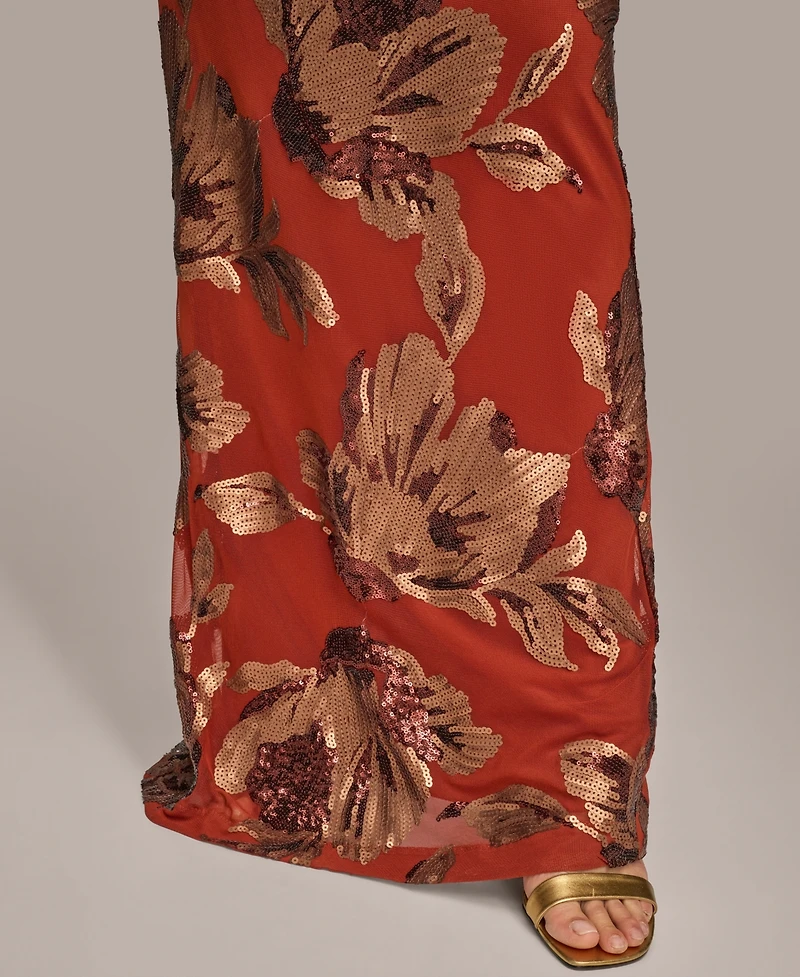 Donna Karan New York Women's Floral Sequined Sleeveless Cowlneck Gown