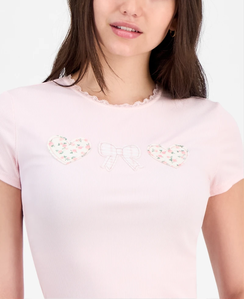 Just Polly Juniors' Applique Picot-Trim T-Shirt