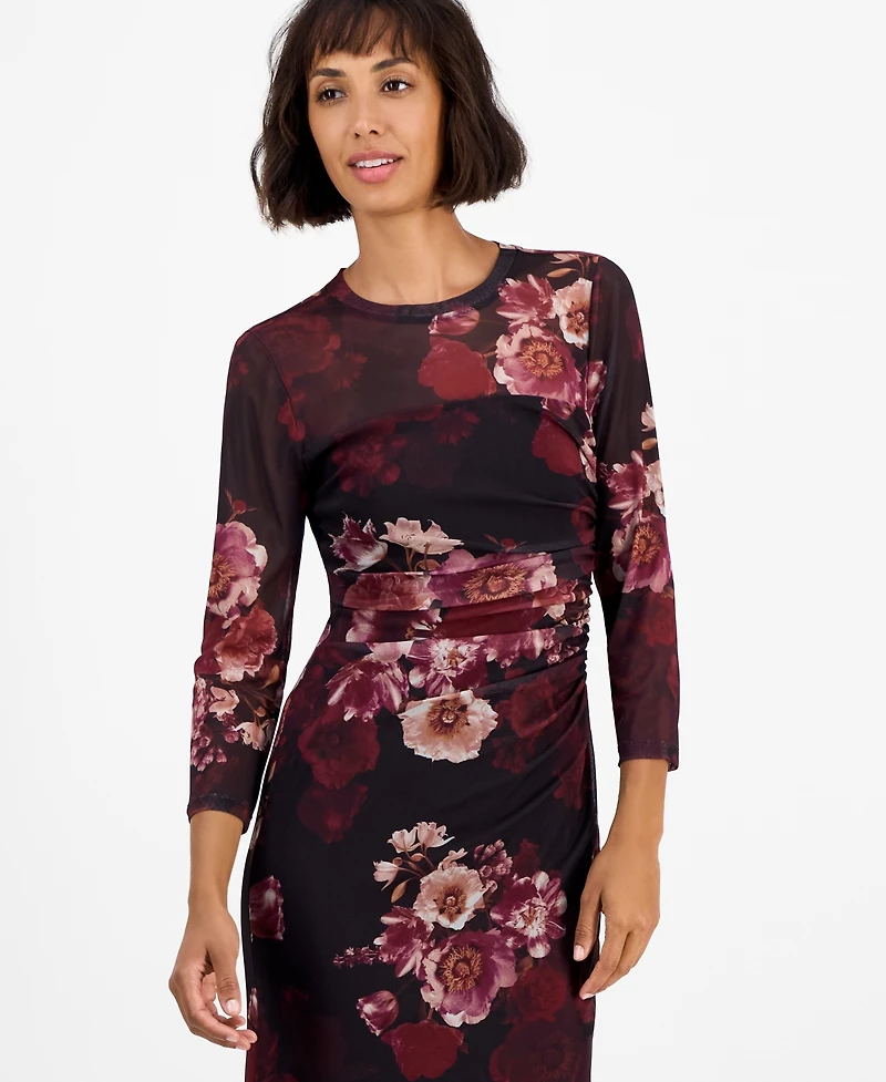Anne Klein Women's Printed Triple Mesh Side Ruched Midi Dress