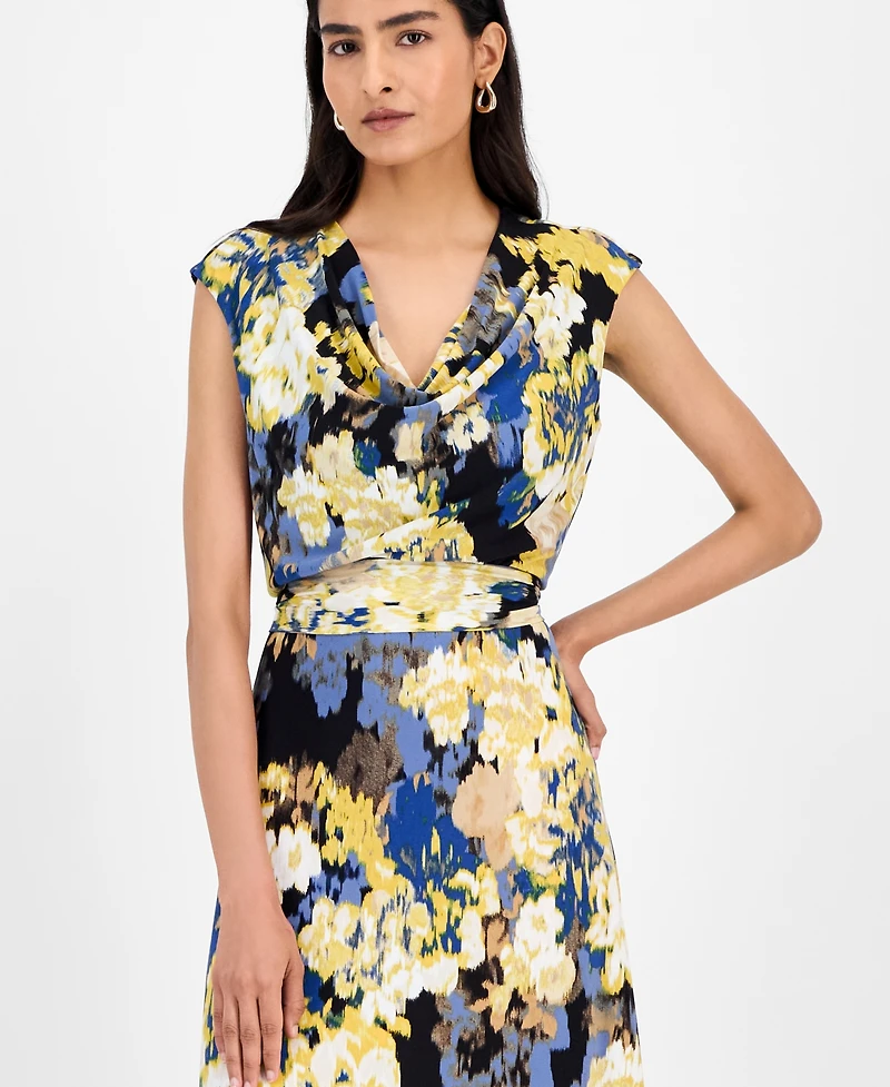 Kasper Women's Printed Cowlneck Tie-Waist Midi Dress