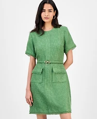Tahari Asl Women's Bow-Belt Frayed-Edge Short-Sleeve Dress