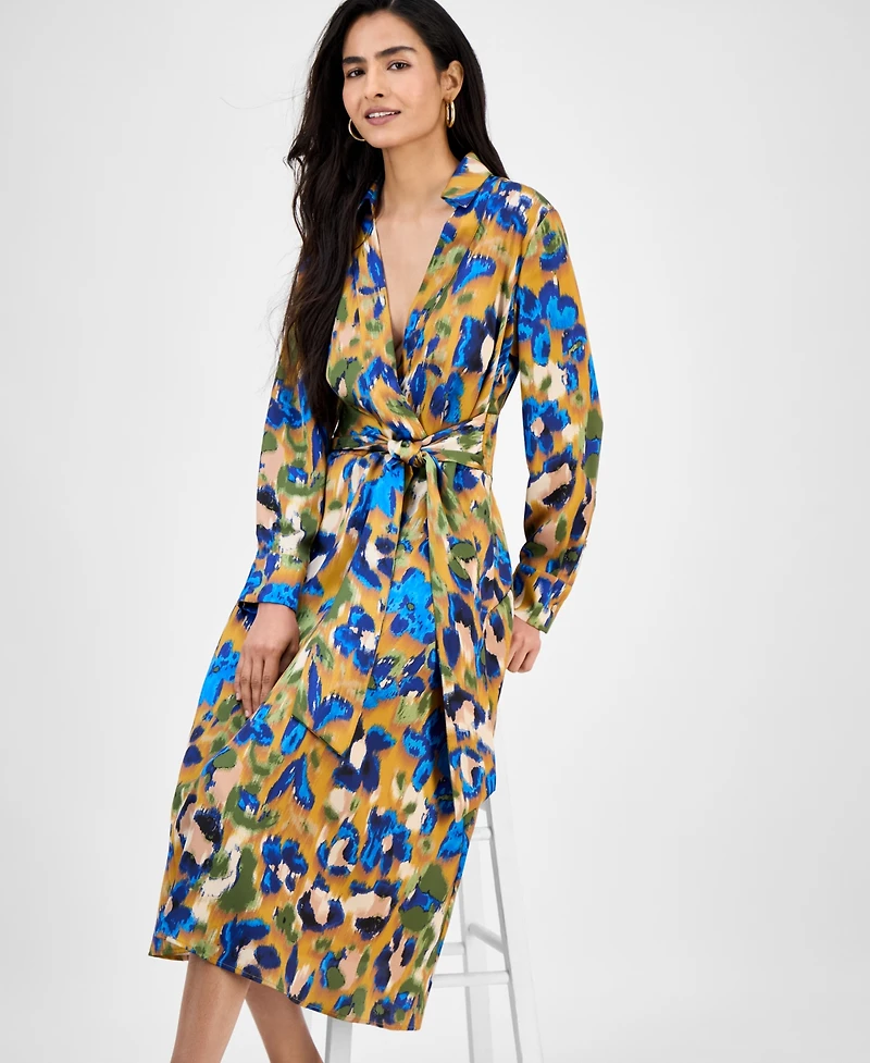 Tahari Asl Women's Printed V-Neck Tie-Waist Midi Dress