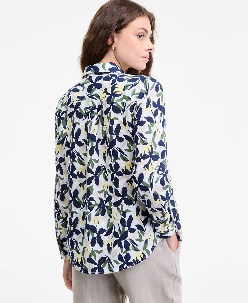 Charter Club Women's Floral-Print Roll-Tab 100% Linen Shirt, Macy's Exclusive