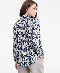 Charter Club Women's Floral-Print Roll-Tab 100% Linen Shirt, Macy's Exclusive
