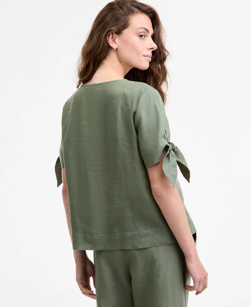 Charter Club Women's 100% Linen Split-Neck Tie-Cuff Top, Created for Macy's