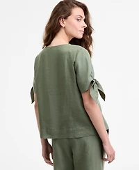 Charter Club Women's 100% Linen Split-Neck Tie-Cuff Top, Created for Macy's