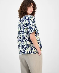 Charter Club Women's 100% Linen Floral-Print Tie-Sleeve Top, Macy's Exclusive