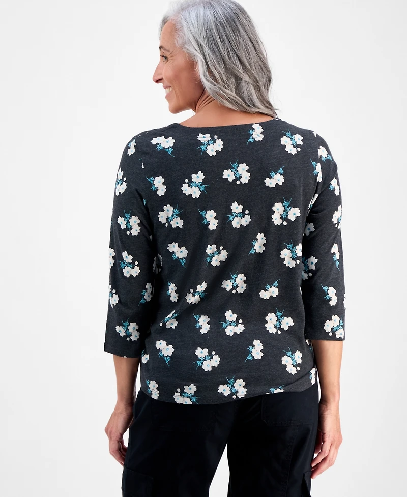 Style & Co Petite Chintz Floral V-Neck 3/4-Sleeve T-Shirt, Macy's Exclusive