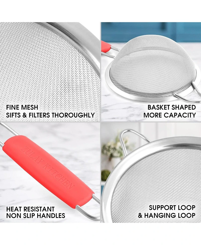 Premium Stainless Steel Fine Mesh Strainer Set - Strainers for Kitchen (Set of 3) with Non-slip Handles