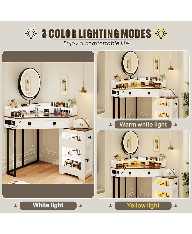 Vlsrka Farmhouse-style dressing table with mirror and lights, featuring a glass top.