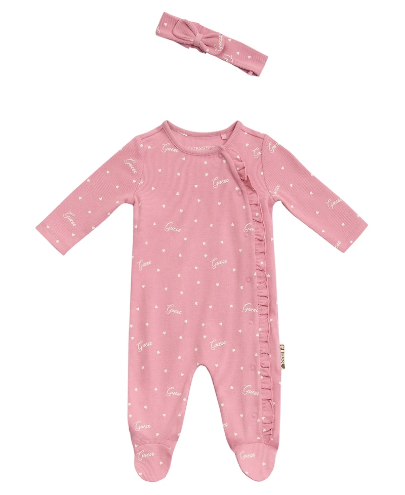 Guess Baby Girls Long Sleeve Printed Footie Coverall and Headband Set