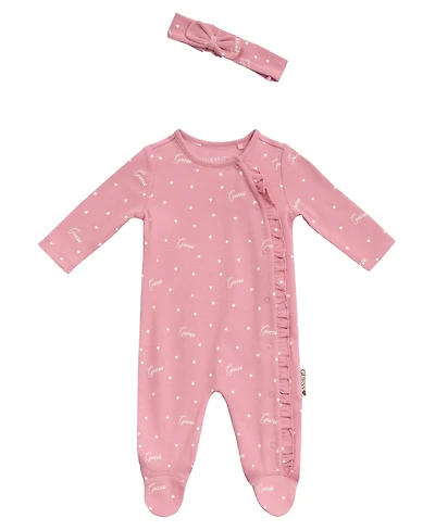 Guess Baby Girls Long Sleeve Printed Footie Coverall and Headband Set
