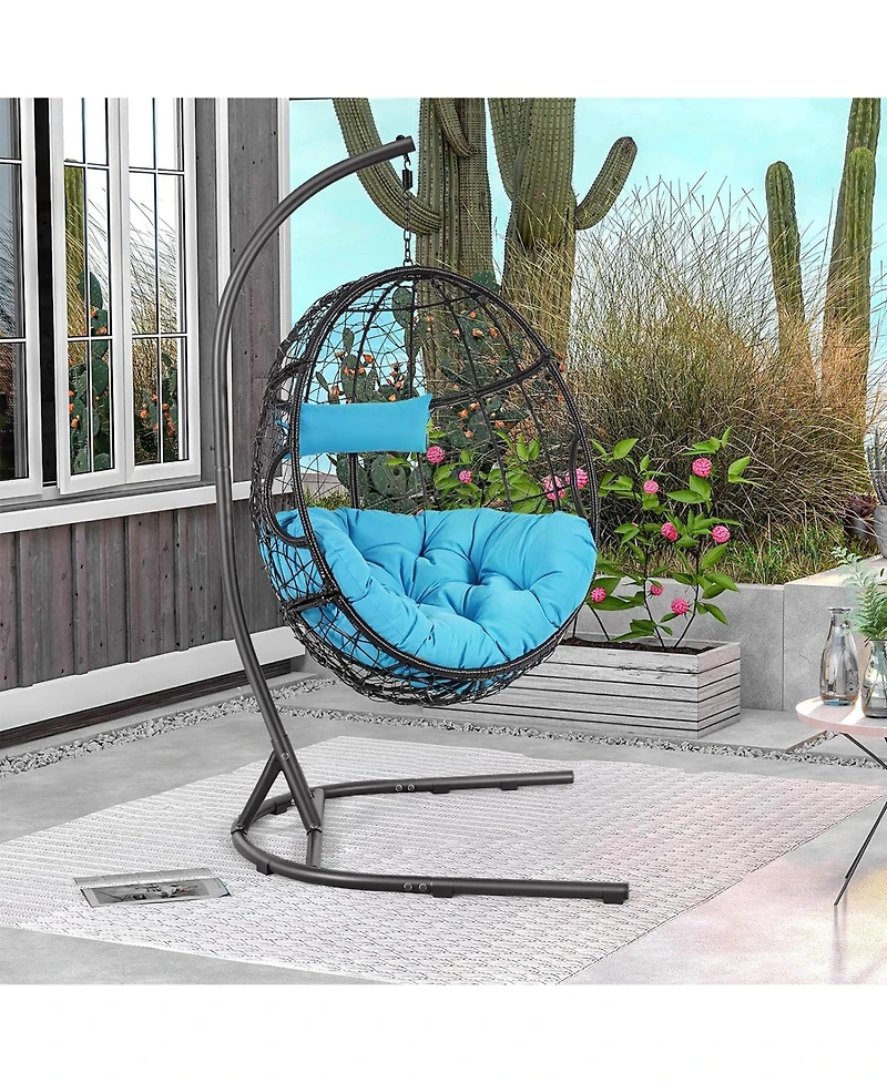 Gymax Hanging Hammock Chair Egg Swing Chair w/ Blue Cushion Pillow Stand