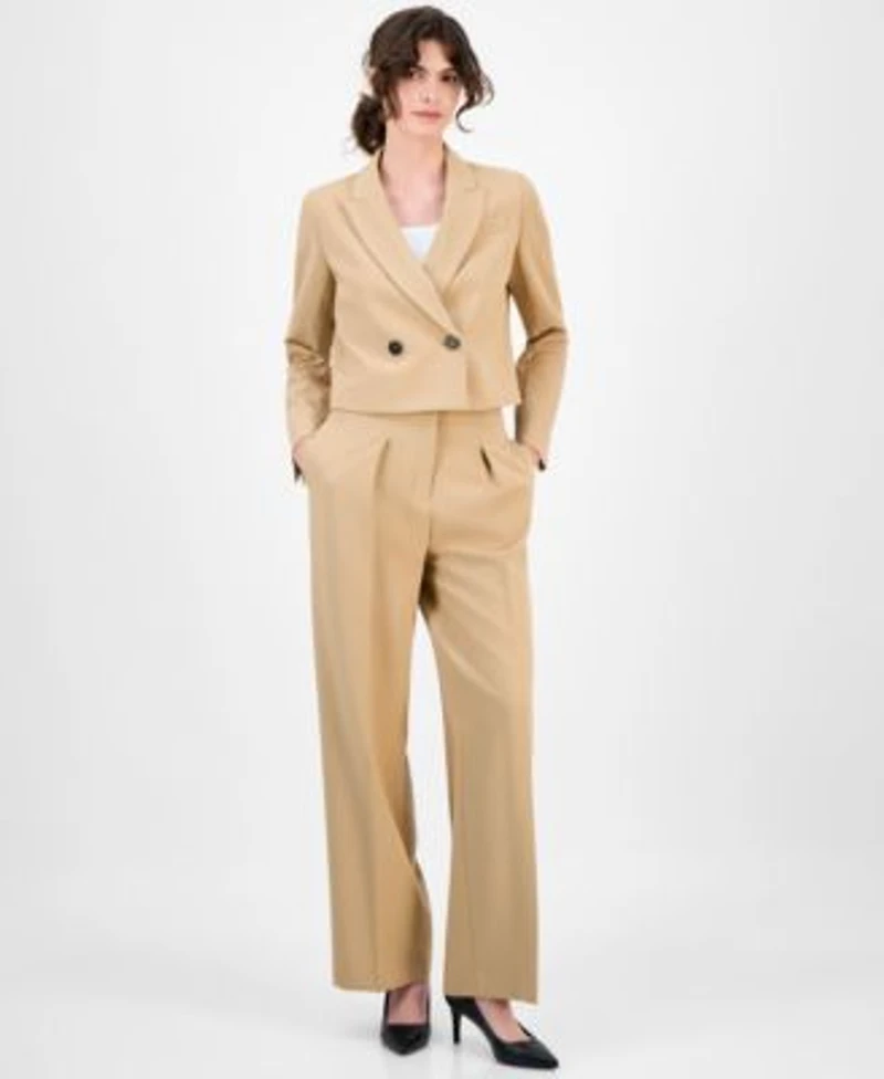 Anne Klein Womens Double Breasted Peak Lapel Ultra Fine Twill Cropped Jacket High Rise Pleated Wide Leg Ultra Fine Twill Pants