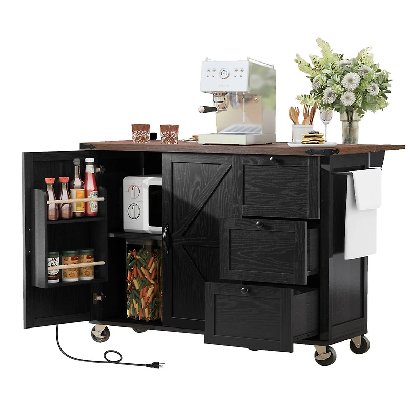 Casainc 54.5" Farmhouse Kitchen Island with Power Outlet, Drop Leaf, Spice Rack and Storage