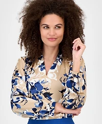 Kasper Floral-Print V-Neck Long-Sleeve Top, Regular & Petite