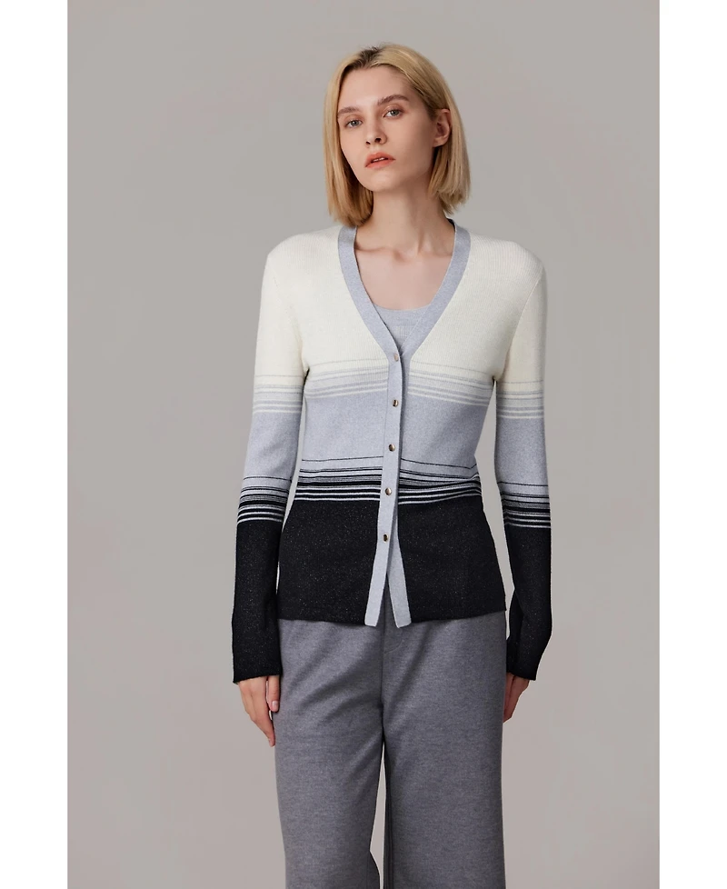 Jennie Liu Women's Lurex Wool Cardigan | Metallic Button Up V Neck Sweater Ultra Soft Ribbed Shimmer Knit Machine Washable Sweaters