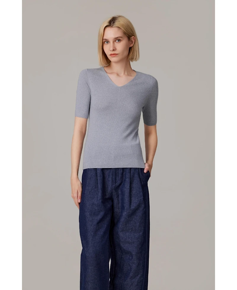 Jennie Liu Women's Merino Wool Lurex Sweater | Shimmer Fine gauge V-Neck Short Sleeve Top Machine Washable Pullover