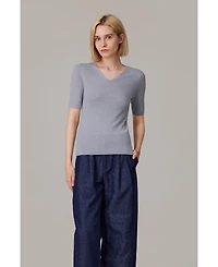 Jennie Liu Women's Merino Wool Lurex Sweater | Shimmer Fine gauge V-Neck Short Sleeve Top Machine Washable Pullover