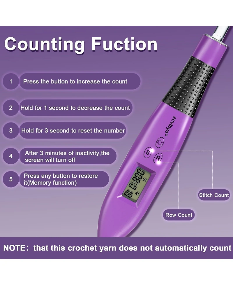 Zcvtbye 18 Size Counting Crochet Hooks Set, Light Up Crochet Hooks for Stitch & Row Counter, Lighted Crochet Needles Kit with Case,Purple
