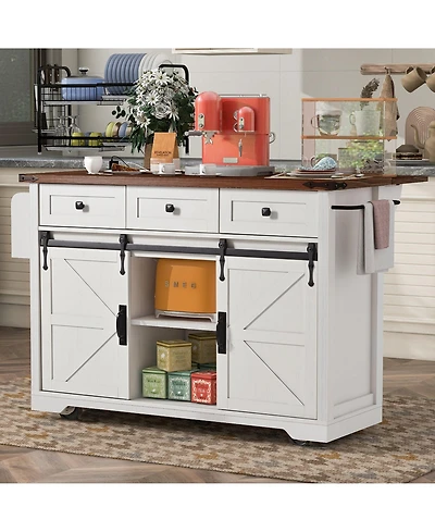 Casainc 53.7" Rolling Kitchen Cart with Barn Doors, Drop Leaf, Power Outlet and Spice Rack (No Stools)
