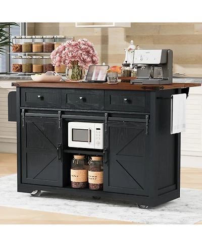 Casainc 53.7" Rolling Kitchen Cart with Barn Doors, Drop Leaf, Power Outlet and Spice Rack (No Stools)