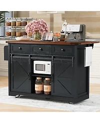 Casainc 53.7" Rolling Kitchen Cart with Barn Doors, Drop Leaf, Power Outlet and Spice Rack (No Stools)