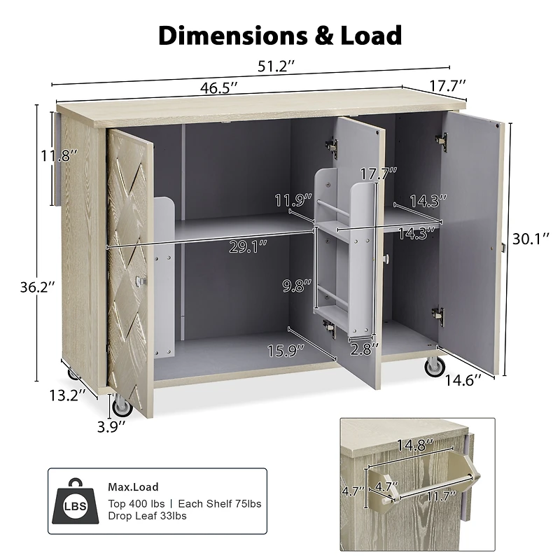 Casainc 51.2" Solid Wood Kitchen Island with Drop Leaf, Handwoven Finish, Storage and Wheels