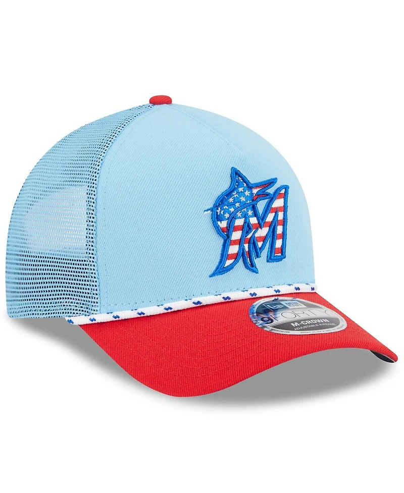 New Era Men's Light Blue/Red Miami Marlins 2025 Fourth of July 9FORTY A-Frame M-Crown Adjustable Trucker Hat