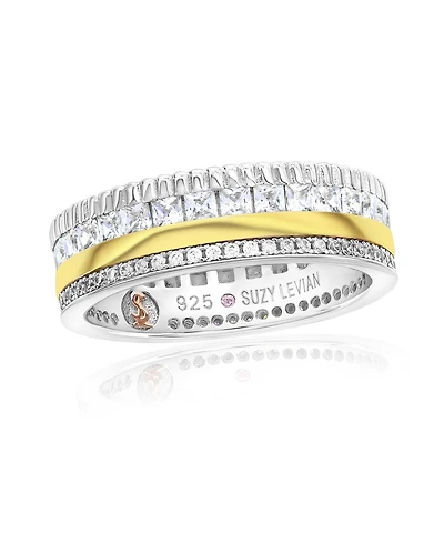 Suzy Levian New York Two-Tone Sterling Silver Cubic Zirconia Filigree Layered Stack Thick Band