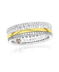 Suzy Levian New York Two-Tone Sterling Silver Cubic Zirconia Filigree Layered Stack Thick Band