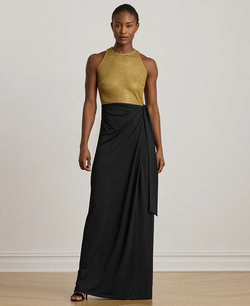 Lauren Ralph Women's Beaded Mesh & Jersey Tie-Front Gown