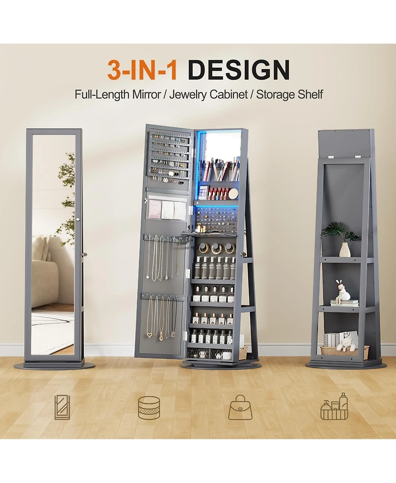 Vlsrka Led jewelry storage cabinet with back shelves and 360° rotation.