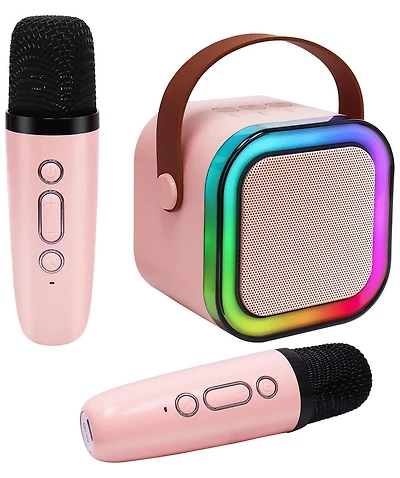 Zealsound Mini Karaoke Machine for Kids, Portable Bluetooth Speaker with 2 Wireless Mics, Led Lights, Gift for Girls & Boys, Ages 3-12+ (Pink)