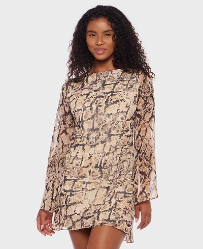 B Darlin Juniors' Snake-Print Tie-Back Long-Sleeve Short Dress