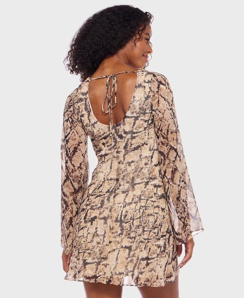B Darlin Juniors' Snake-Print Tie-Back Long-Sleeve Short Dress