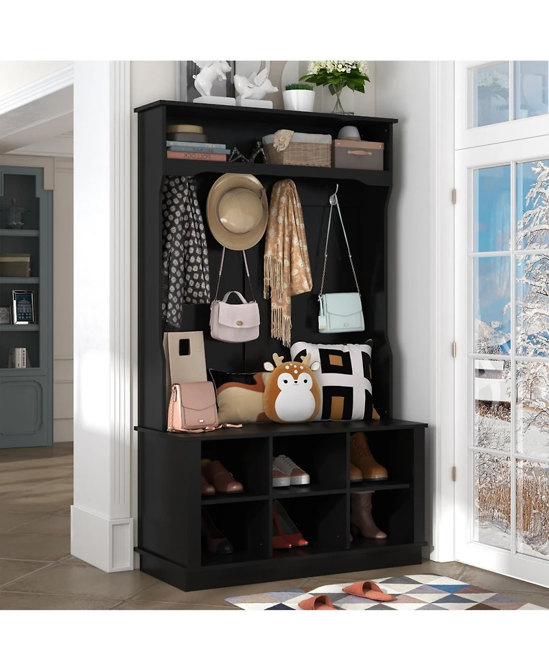 Grey multifunctional entrance coat rack, hall tree, with seats and hooks