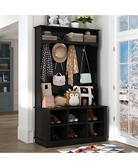 Grey multifunctional entrance coat rack, hall tree, with seats and hooks