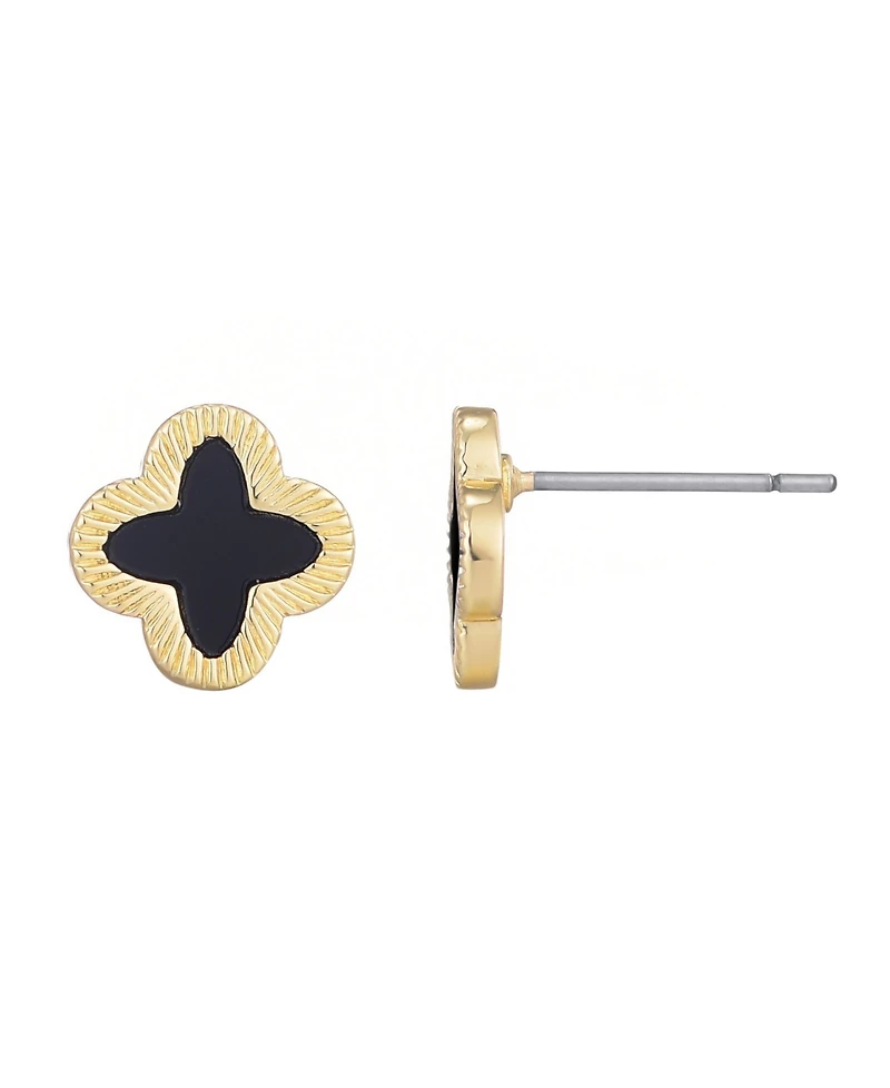 Adornia Gold Fluted Edge Black Clover Stud Earrings